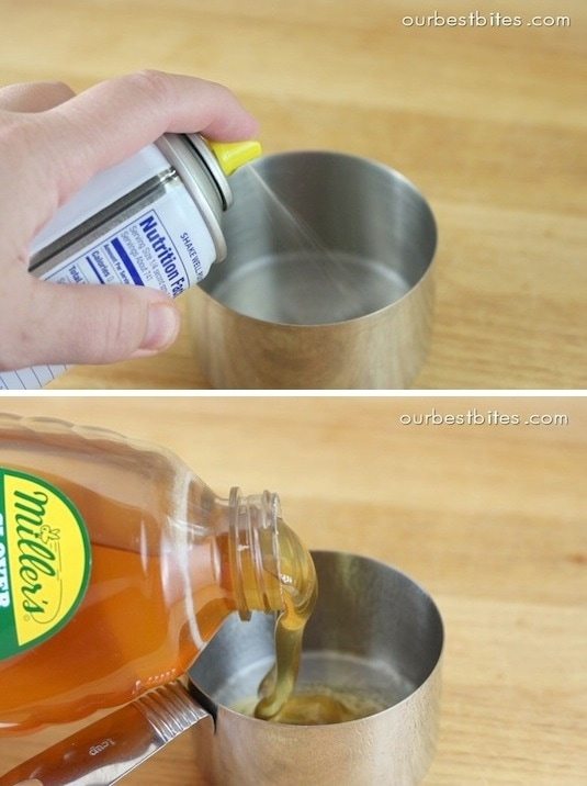 Hack #40: Coat measuring cups with cooking spray