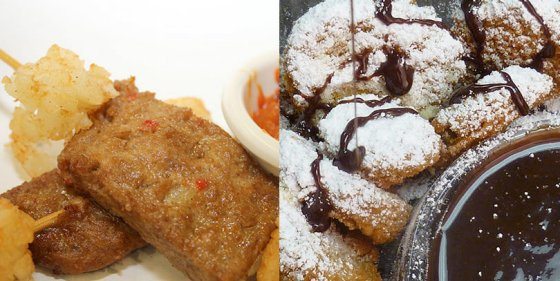 Deep Fried Meatloaf and Chocolate Covered Fried Pickles on a Stick