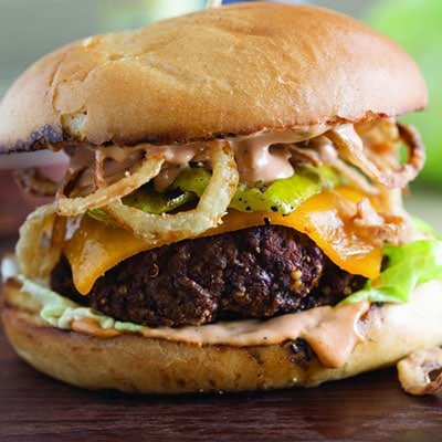Cowboy Hamburger with Grilled Pickles and Crispy Onion Straws