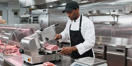 Man cutting meat with knife and slicer in kitchen