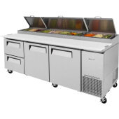 TPR-93SD-D2-N Turbo Air, 93" 2 Door 2 Drawer Pizza Prep Table, (12) 1/3 Size Pans, Super Deluxe Series