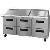 SR72B-30MD6 Hoshizaki, 72" 6 Drawer Mega Top Sandwich / Salad Prep Table, (30) 1/6 size pans, Steelheart Series