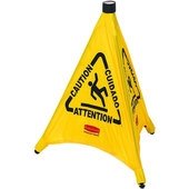 FG9S0000YEL Rubbermaid, 20" Yellow Pop-up Cone Wet Floor Sign w/ Storage Tube, English/Spanish/French