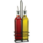 H916NBK TableCraft, 16 oz Square Glass Cruet Set w/ Pourers & Metal Rack