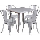LVLO-036671 LiVello, 31 1/2" Square Top Indoor / Outdoor Steel Cafe Dining Set w/ 4 Chairs, Silver