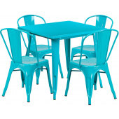 LVLO-074491 LiVello, 31 1/2" Square Top Indoor / Outdoor Steel Cafe Dining Set w/ 4 Chairs, Crystal Teal