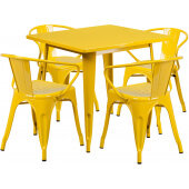 LVLO-046671 LiVello, 31 1/2" Square Top Indoor / Outdoor Steel Cafe Dining Set w/ 4 Arm Chairs Yellow