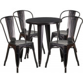 LVLO-006491 LiVello, 24" Round Top Indoor / Outdoor Steel Cafe Dining Set w/ 4 Chairs, Black Antique Gold