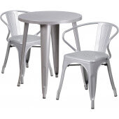LVLO-026491 LiVello, 24" Round Top Indoor / Outdoor Steel Cafe Dining Set w/ 2 Arm Chairs, Silver