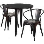 LVLO-056491 LiVello, 30" Round Top Indoor / Outdoor Steel Cafe Dining Set w/ 2 Arm Chairs, Black Antique Gold