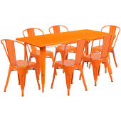 LVLO-066671 LiVello, 63" x 31 1/2" Top Indoor / Outdoor Metal Dining Set w/ 6 Chairs, Orange