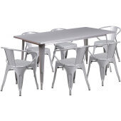 LVLO-076671 LiVello, 63" x 31 1/2" Top Indoor / Outdoor Metal Dining Set w/ 6 Arm Chairs, Silver