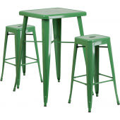 LVLO-002161 LiVello, 23 3/4" Square Top Indoor / Outdoor Bar Height Metal Dining Set w/ 2 Barstools, Green