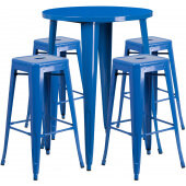 LVLO-077491 LiVello, 30" Round Top Indoor / Outdoor Bar Height Metal Dining Set w/ 4 Barstools, Blue