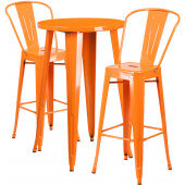 LVLO-027491 LiVello, 24" Round Top Indoor / Outdoor Bar Height Metal Dining Set w/ 2 Barstools, Orange