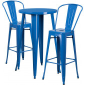 LVLO-007491 LiVello, 24" Round Top Indoor / Outdoor Bar Height Metal Dining Set w/ 2 Barstools, Blue