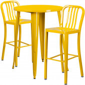 LVLO-028491 LiVello, 30" Round Top Indoor / Outdoor Bar Height Metal Dining Set w/ 2 Barstools, Yellow