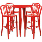 LVLO-008491 LiVello, 30" Round Top Indoor / Outdoor Bar Height Metal Dining Set w/ 4 Barstools, Red