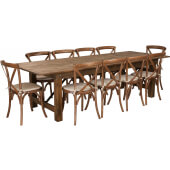 LVLO-678522 LiVello, 108" x 40" Hercules Wood Folding Farm Table Dining Set w/ 10 Chairs, Antique Rustic Pine