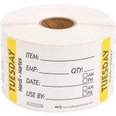 RIDU2302R National Checking Company, 3" x 2" Removable Trilingual "Tuesday" Item/Date/Use-By Label Roll, Yellow (500/roll)