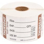 RIDU2304R National Checking Company, 3" x 2" Removable Trilingual "Thursday" Item/Date/Use-By Label Roll, Brown (500/roll)