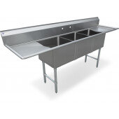 SWS3C101410-10LR-318 Steelworks, 50" Three Compartment Sink w/ 10" Drainboards, 10" Deep Bowls