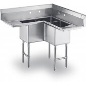 SWCS3C141412-14LR-318 Steelworks, 44 1/2" Three Compartment Corner Sink w/ 14" Drainboards, 12" Deep Bowls