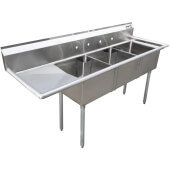 25259 Omcan USA, 98 1/2" Three Compartment Sink w/ 24" Drainboard, 14" Deep Bowl