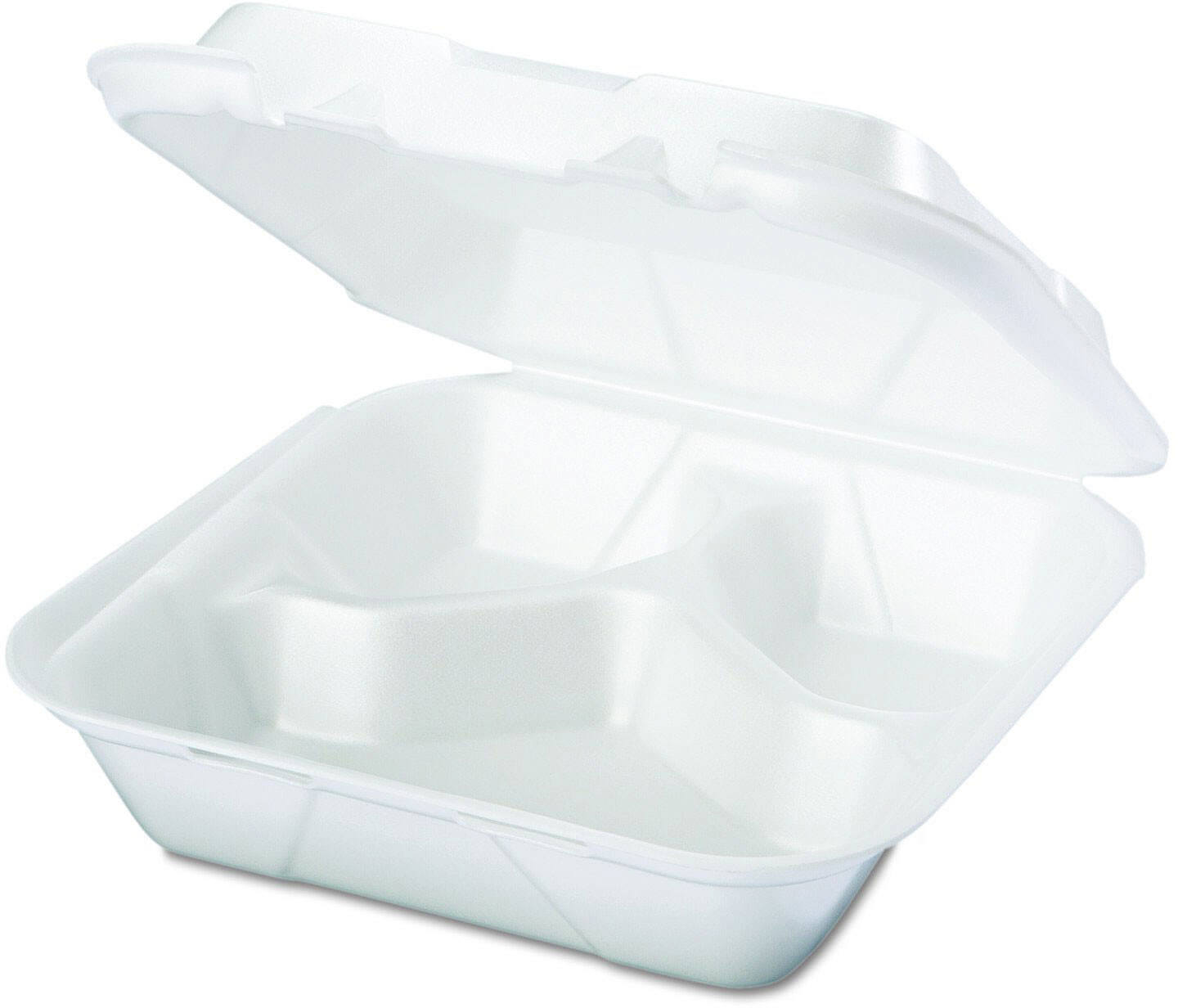 Hinged Container, 8 x 8, White, Foam, 3-Compartment, (200/Case), Genpak  SN243