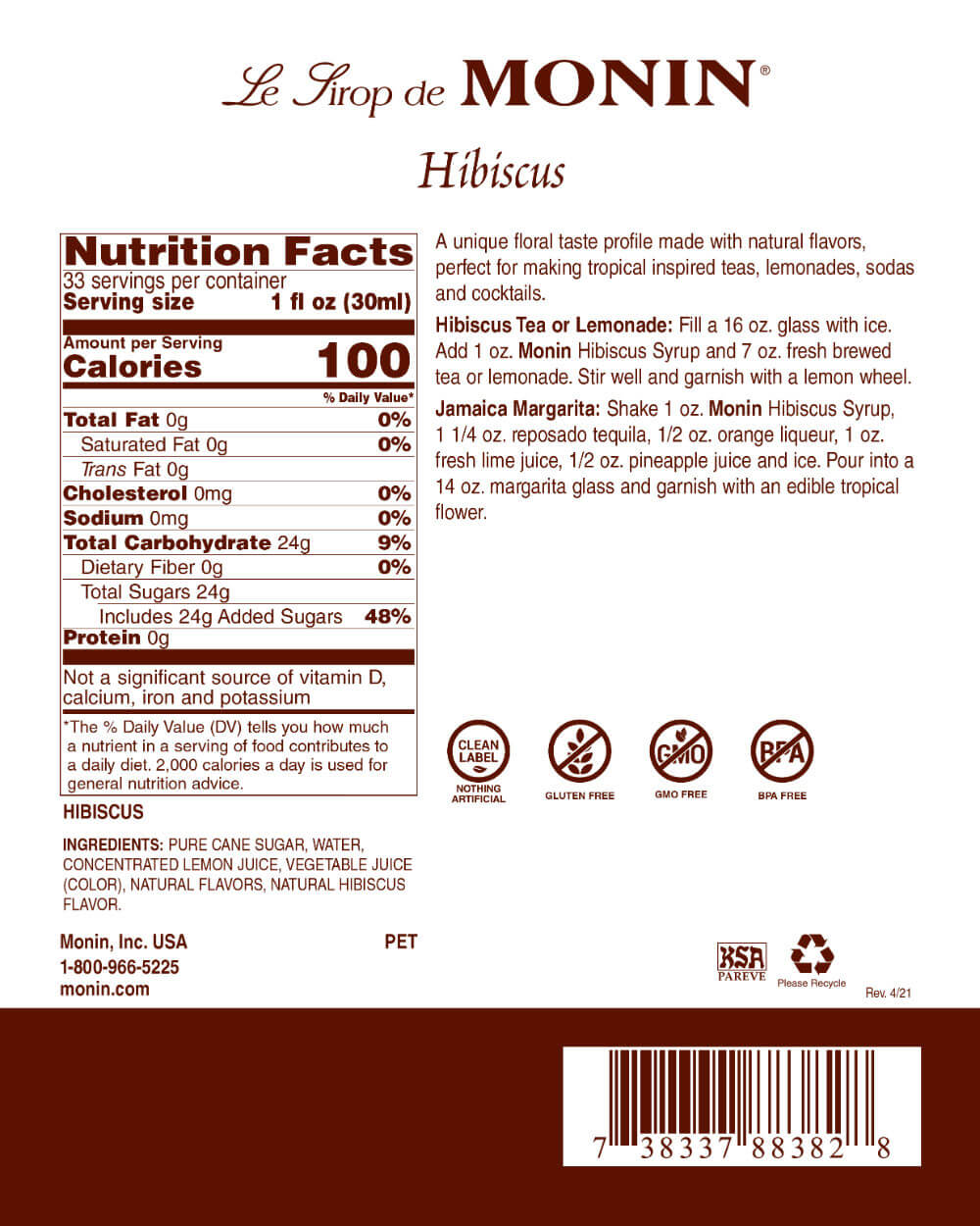 Monin M-FR177F Hibiscus Flavoring Syrup, 1 Liter