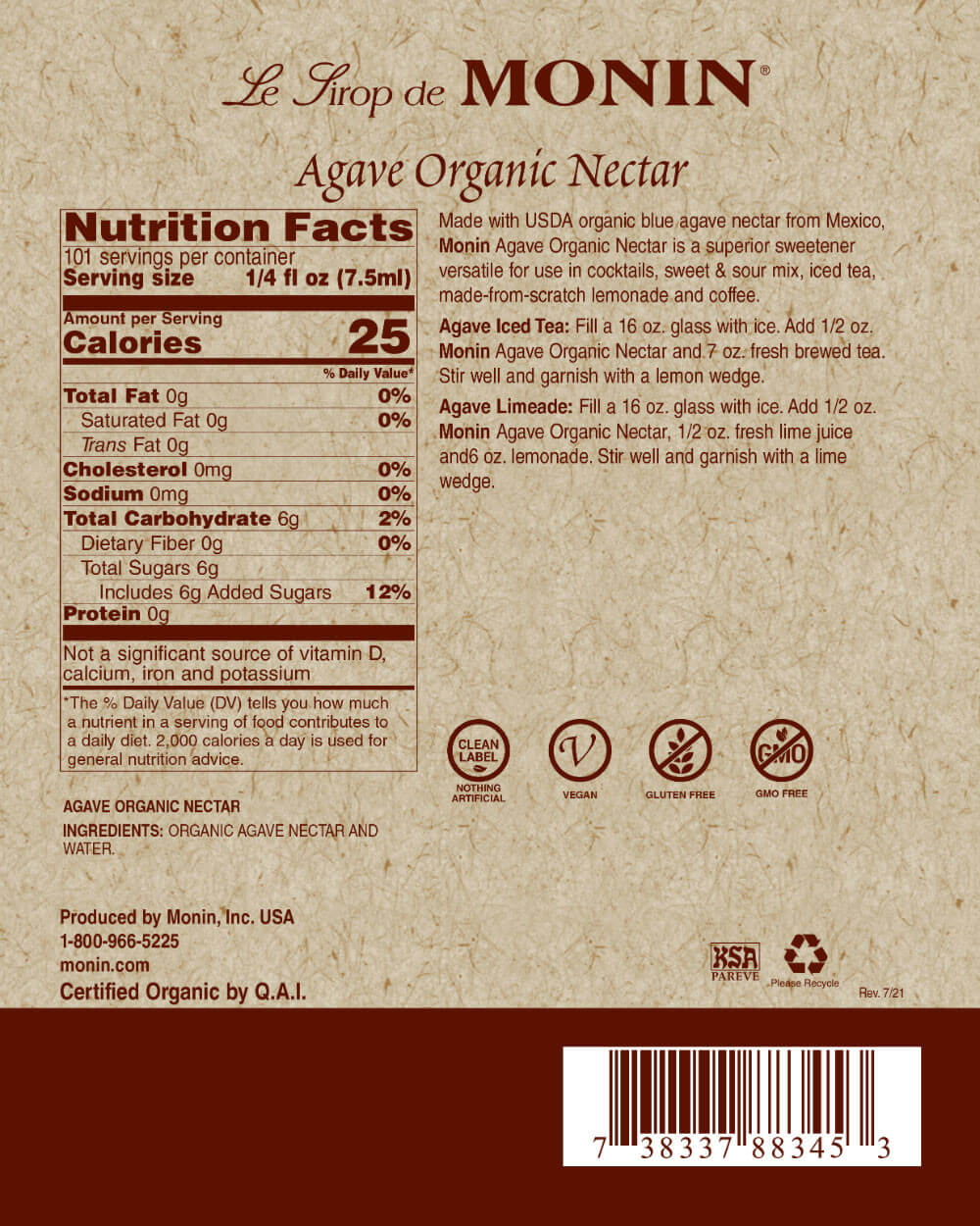 Monin M-AO157B, 750 ml Organic Agave Nectar Flavoring Syrup (6/case)